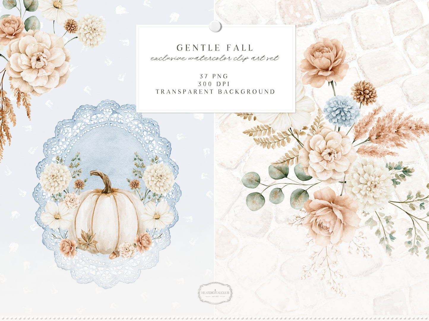 Gentle Fall - Floral Arrangements Clipart, Neutral Floral Autumn, Beige Flowers, Fall Botanical Elements, Pumpkins | 37 PNG