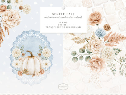 Gentle Fall - Floral Arrangements Clipart, Neutral Floral Autumn, Beige Flowers, Fall Botanical Elements, Pumpkins | 37 PNG