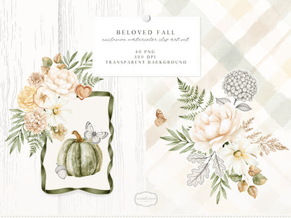 Beloved Fall - Autumn Floral Arrangements Clipart, Pumpkin Flowers, Neutral Fall Flowers, Botanical |