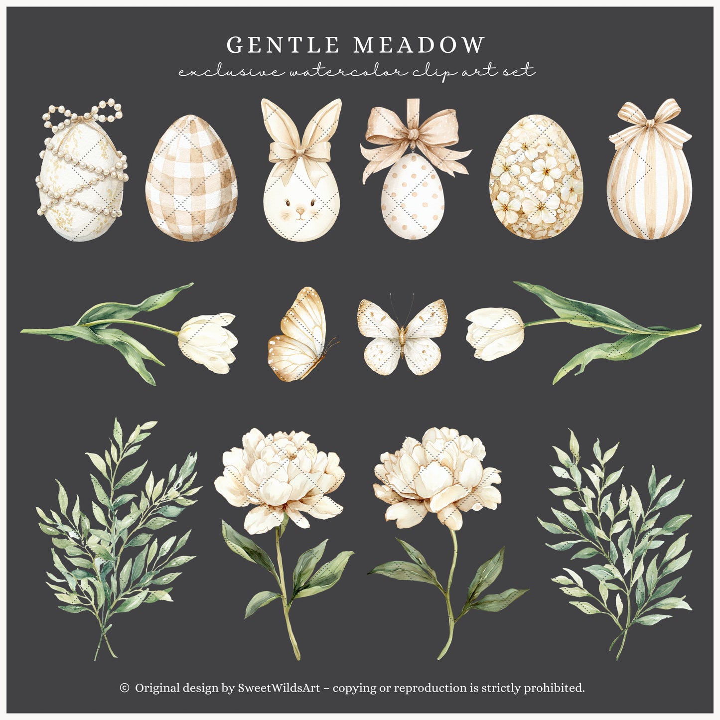 Gentle Meadow - Floral Arrangements Clipart, Spring Tulips Floral, Neutral Cottage Flowers, Easter Bouquet | 25 PNG