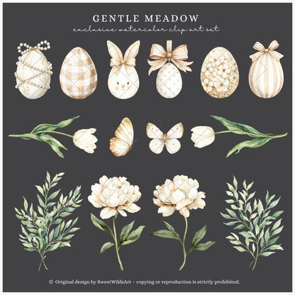 Gentle Meadow - Floral Arrangements Clipart, Spring Tulips Floral, Neutral Cottage Flowers, Easter Bouquet | 25 PNG