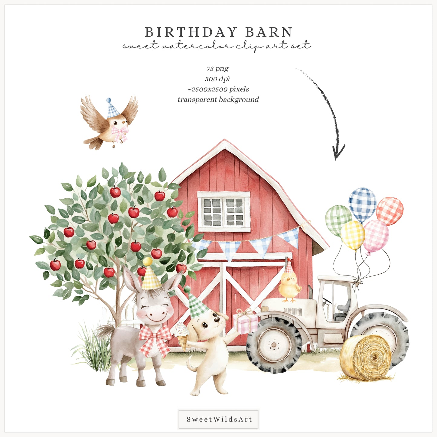 Birthday Barn - Farm Animal, Kids Party Clipart, Cow, Pig, Baby Shower | 73 PNG