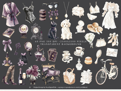 Day & Midnight - Clipart Set, Romantic Dark Gothic Clipart, Feminine, Cottagecore | 60 PNG