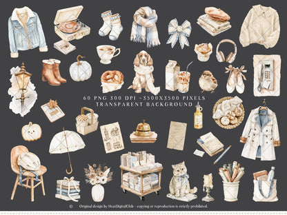 Gentle Fall - Clipart, London Autumn, Cozy Autumn, Neutral Fall Aesthetic, Rainy Day | 60 PNG