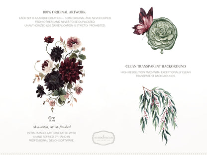 Haunted Spring - Floral Arrangements Clipart, Gothic Floral, Dark Spring Flowers, Moody Botanical | 20 PNG