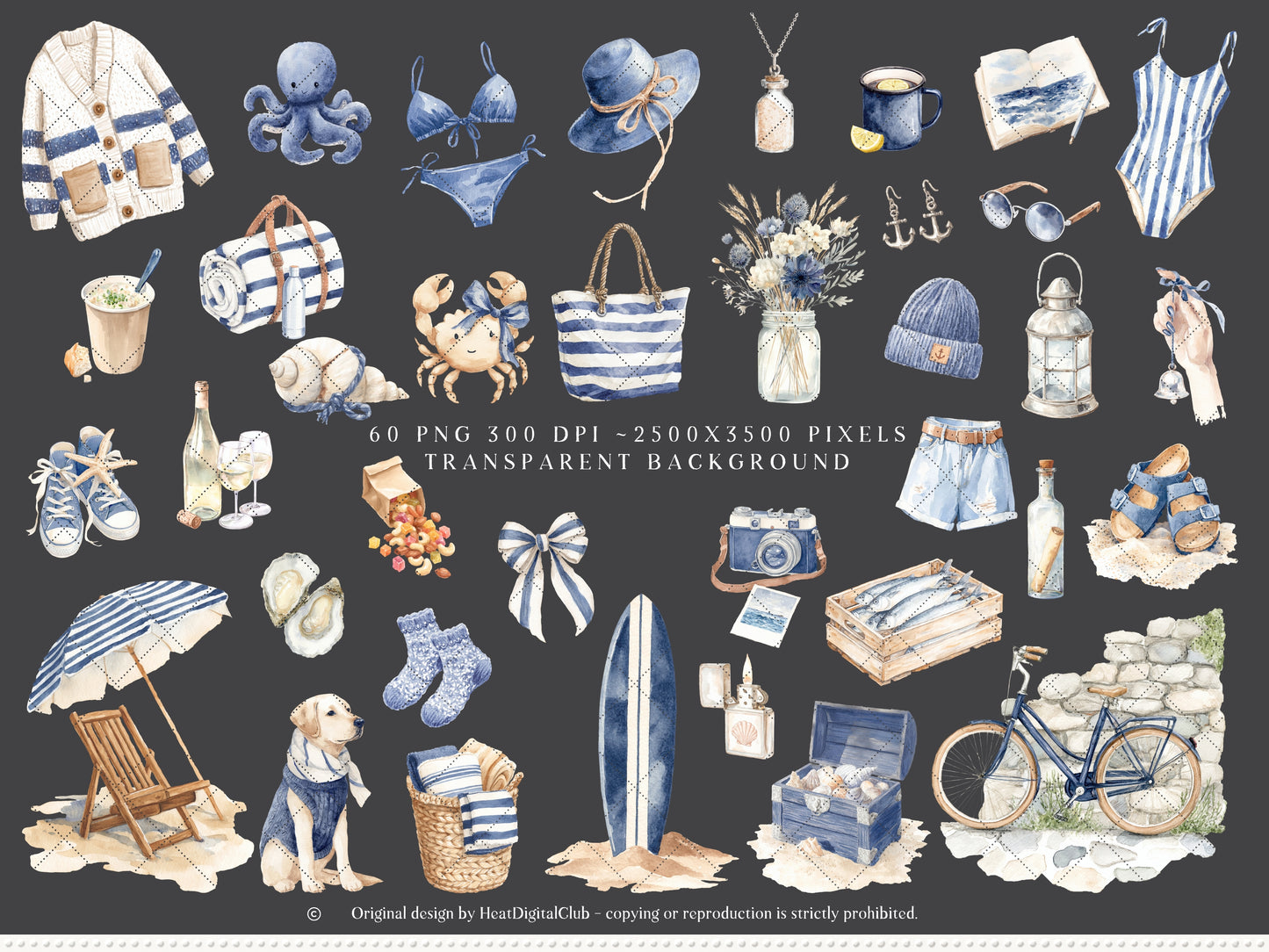 Cold Shore - Clipart, Navy Coastal Girls, Summer Beach, Nautical Graphics, Blue Sea Fashion | 60 PNG