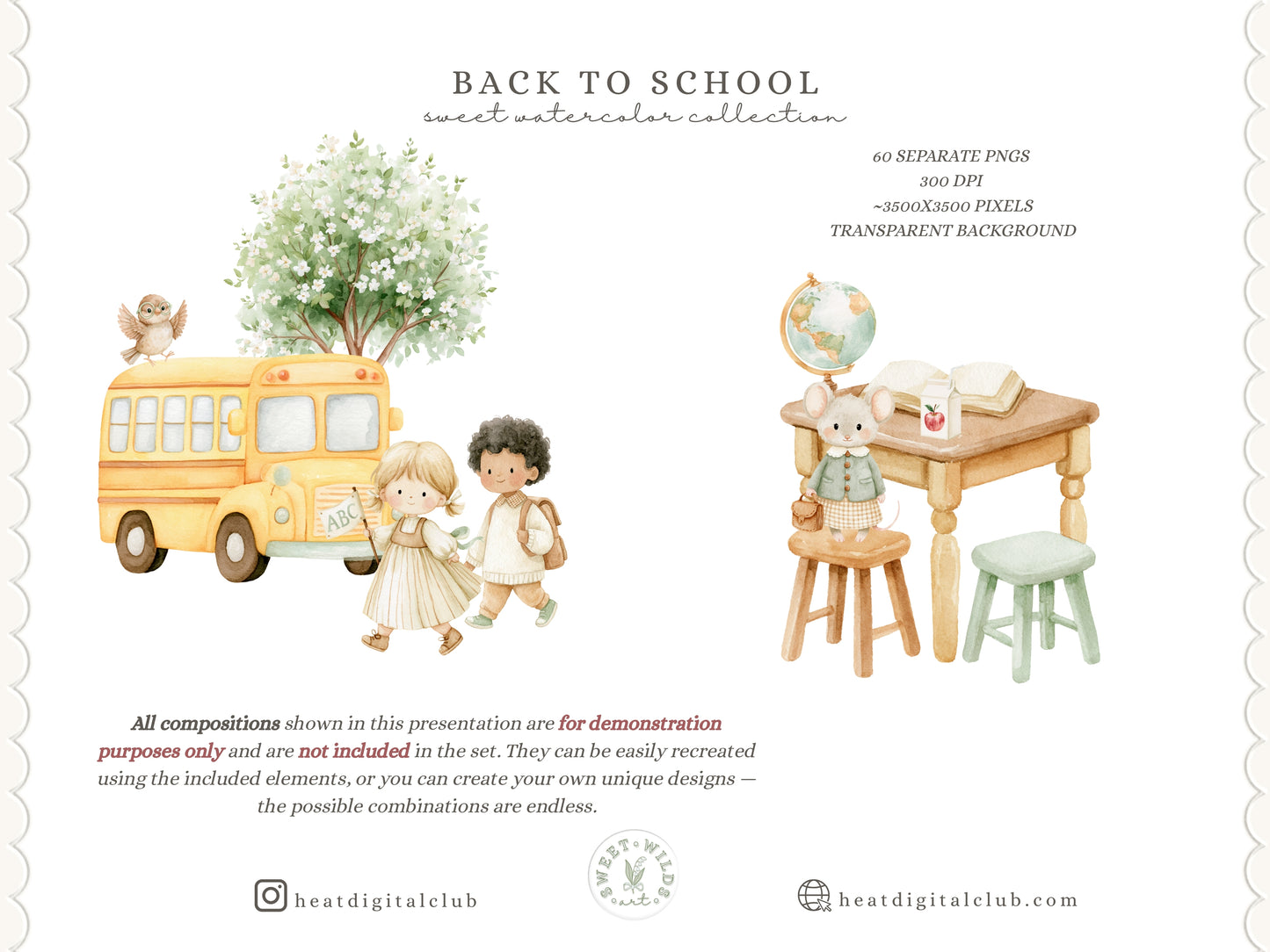 Back To School - Watercolor Clipart Bundle, School Animals, Preschool Toddlers Learning | 60 PNG