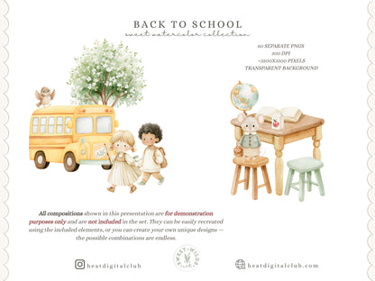 Back To School - Watercolor Clipart Bundle, School Animals, Preschool Toddlers Learning | 60 PNG