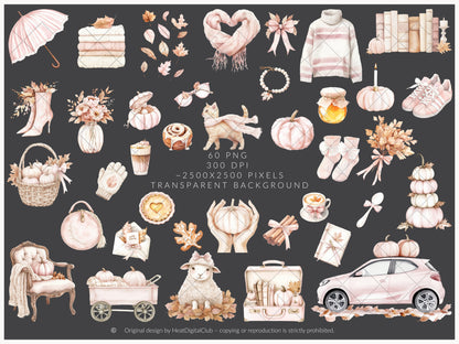 Falling Pretty - Fall Clipart, Autumn, Pink Pumpkins, Coquette | 60 PNG