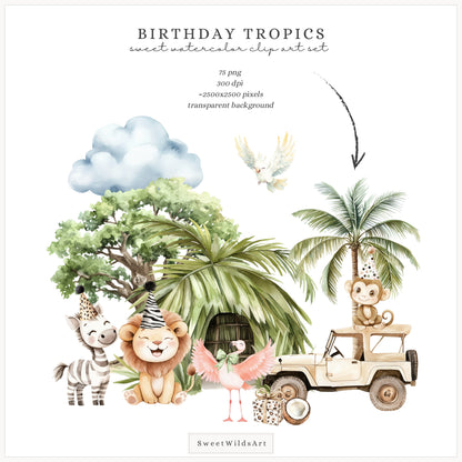 Birthday Tropics - Jungle Clipart, Baby Animals, Tropical, Safari Nursery | 75 PNG