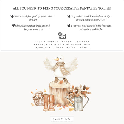 Autumn Season - Cute Fall Silly Goose, Cozy, Kids Clipart, Baby Shower | 60 PNG