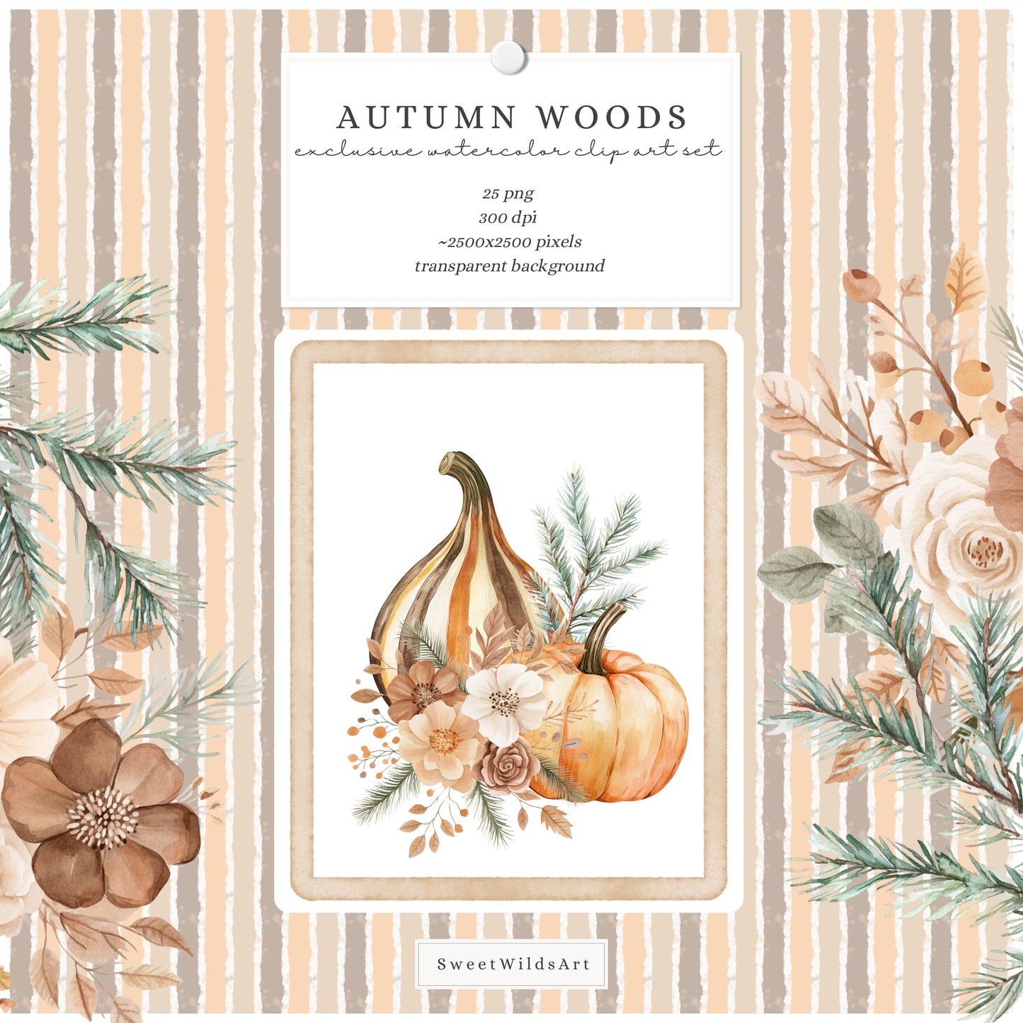 Autumn Woods - Floral Arrangements, Fall Bouquets Clipart, Pumpkins | 25 PNG