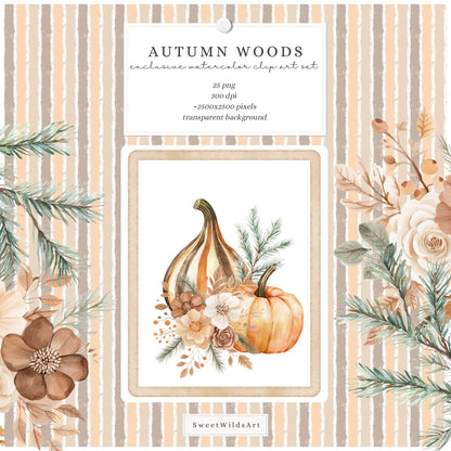 Autumn Woods - Floral Arrangements, Fall Bouquets Clipart, Pumpkins | 25 PNG