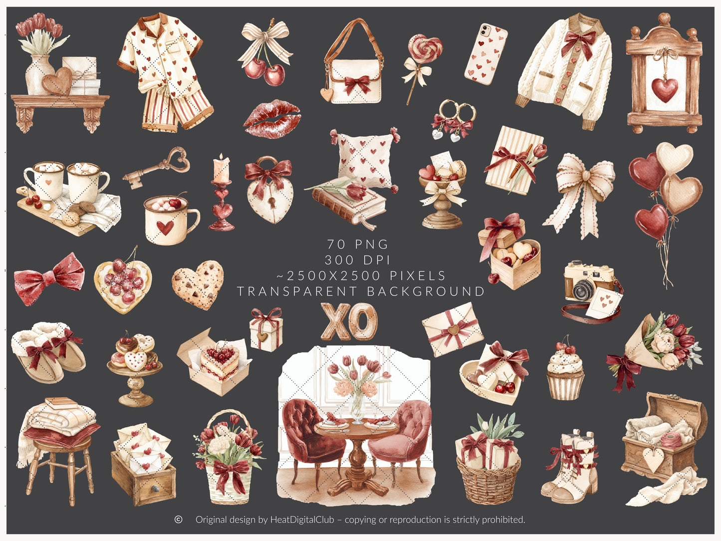 Cherry in Love - Valentine's Day Clipart, Cute Animals, Hearts, Cupcakes, Romantic Love | 70 PNG