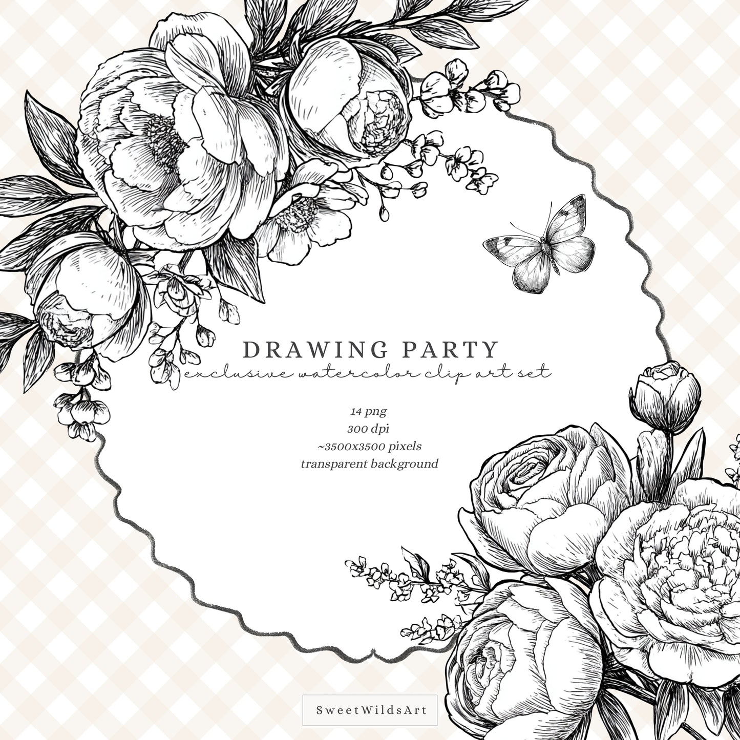 Drawing Party - Floral Line Art, Flowers Clipart, Black and White Peony | 14 PNG