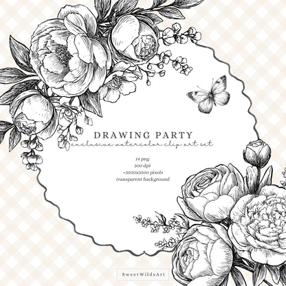 Drawing Party - Floral Line Art, Flowers Clipart, Black and White Peony | 14 PNG