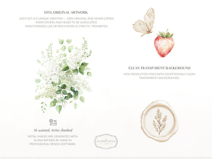 Country Spring - Floral Arrangements Clipart, White Lilac Flowers, Soft Neutral Bouquet, Cottagecore Floral | 20 PNG