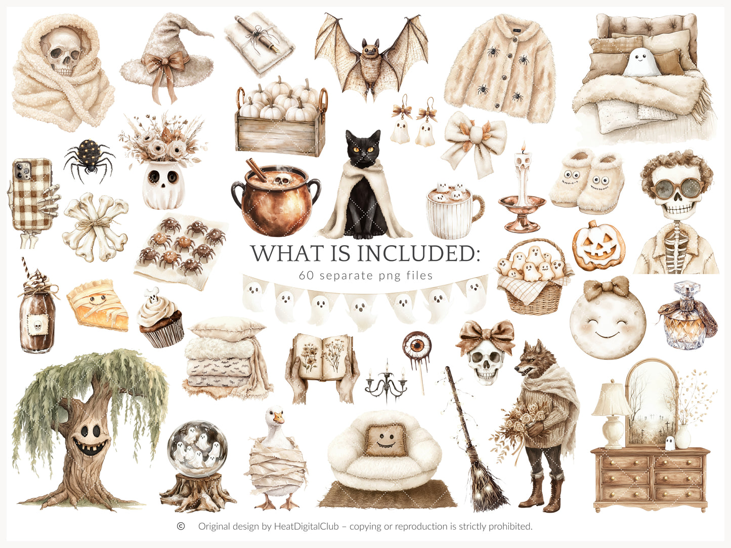 Cozy Haunt - Soft Halloween, Neutral Clipart, Autumn Ghost, Spooky | 60 PNG