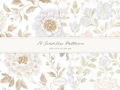 Grandmillennial Set 8 - Seamless Patterns, Beige Neutral Floral, Estate Botanical, Stripes, Damask Patterns | 14 JPEG