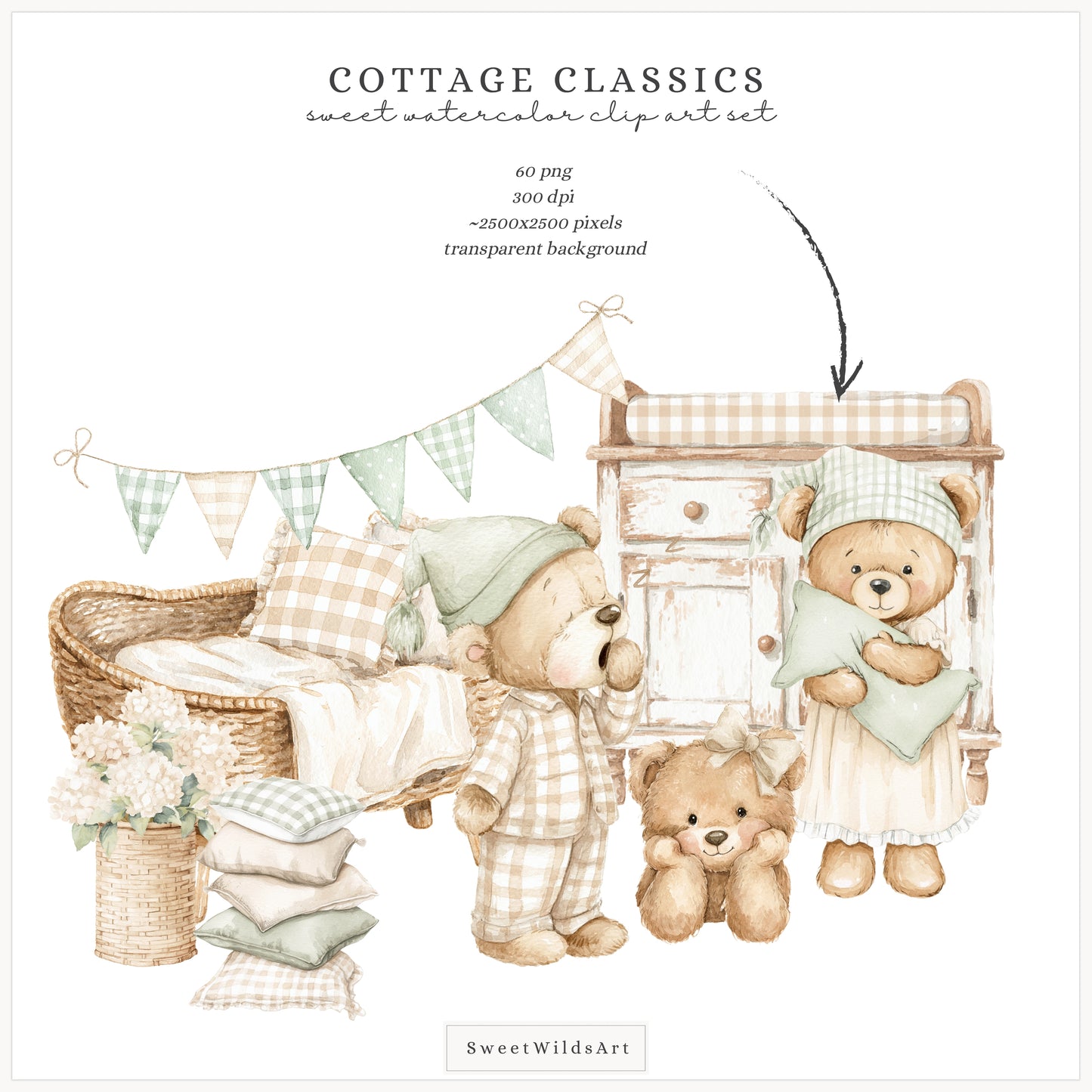 Cottage Classics - Teddy Bears Clipart, Kids Nursery, Vintage Toys, Grandmillennial | 60 PNG