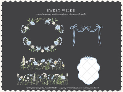 Sweet Wilds - Flowers Clipart, Meadow Flowers, Light Blue Floral, Wildflower Baby Shower | 70 PNG/JPEG