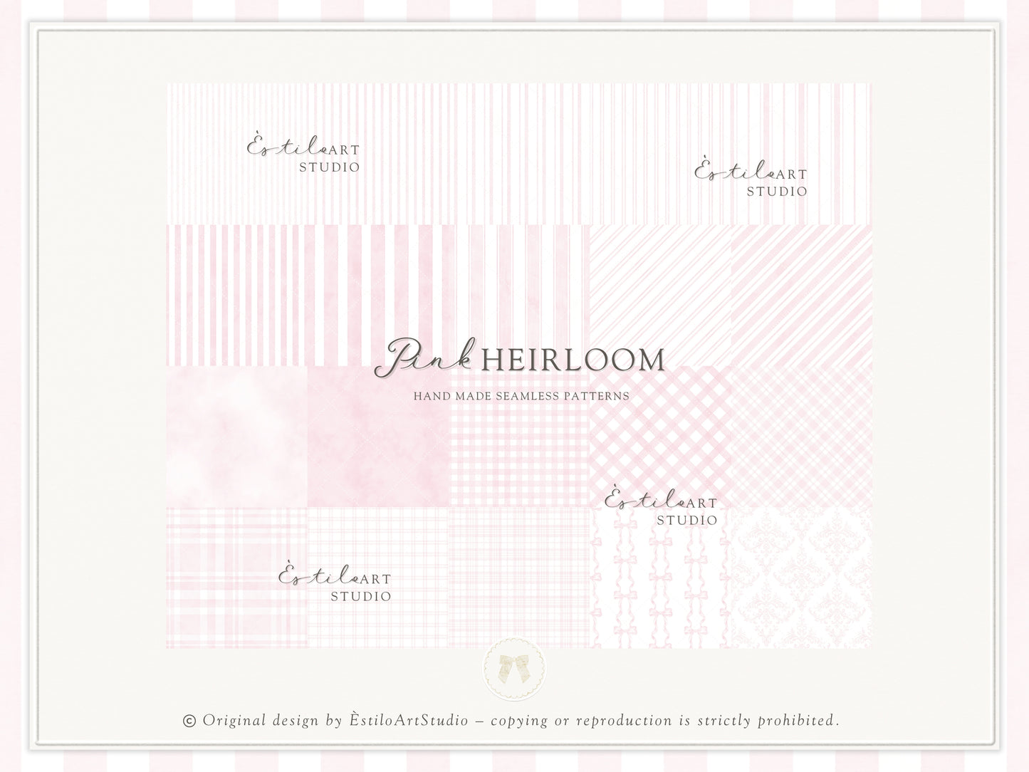 Pink Heirloom - Seamless Patterns, Classic Stripe Gingham Damask Bows Repeating, Elegant Pink Digital Paper | 20 JPEG