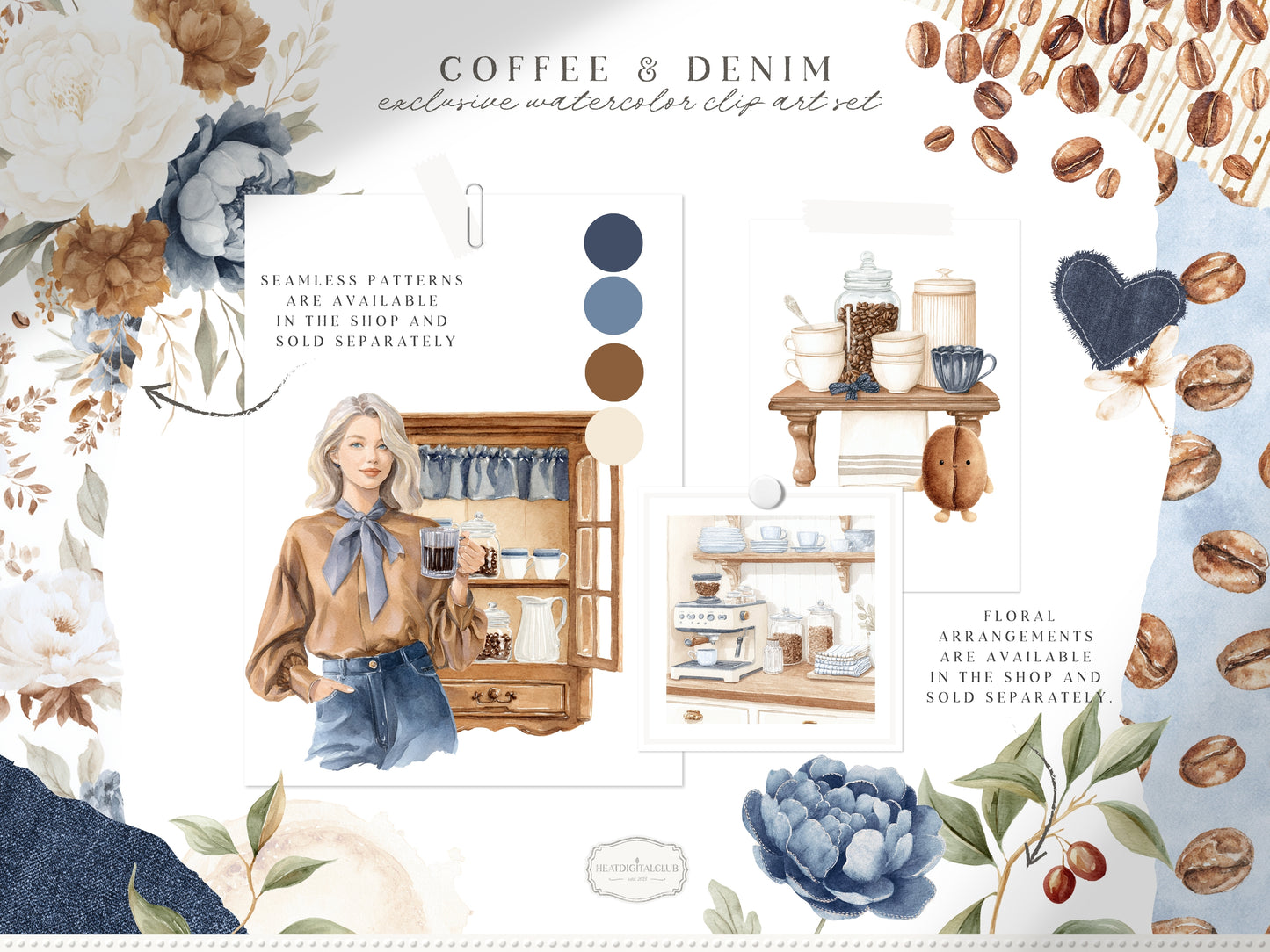Coffee & Denim - Clipart Set, Denim Aesthetic, Cafe Decor, Cozy Lifestyle Cottagecore | 60 PNG