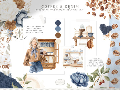 Coffee & Denim - Clipart Set, Denim Aesthetic, Cafe Decor, Cozy Lifestyle Cottagecore | 60 PNG