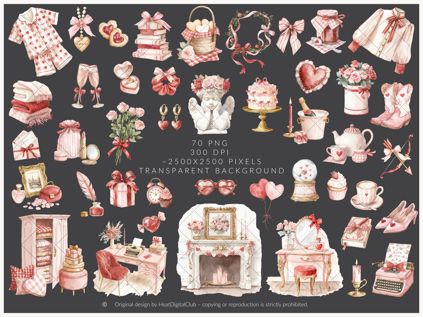 Heart to Heart - Valentine's Day Clipart, Cute Animals, Hearts, Bows, Romantic Love | 70 PNG