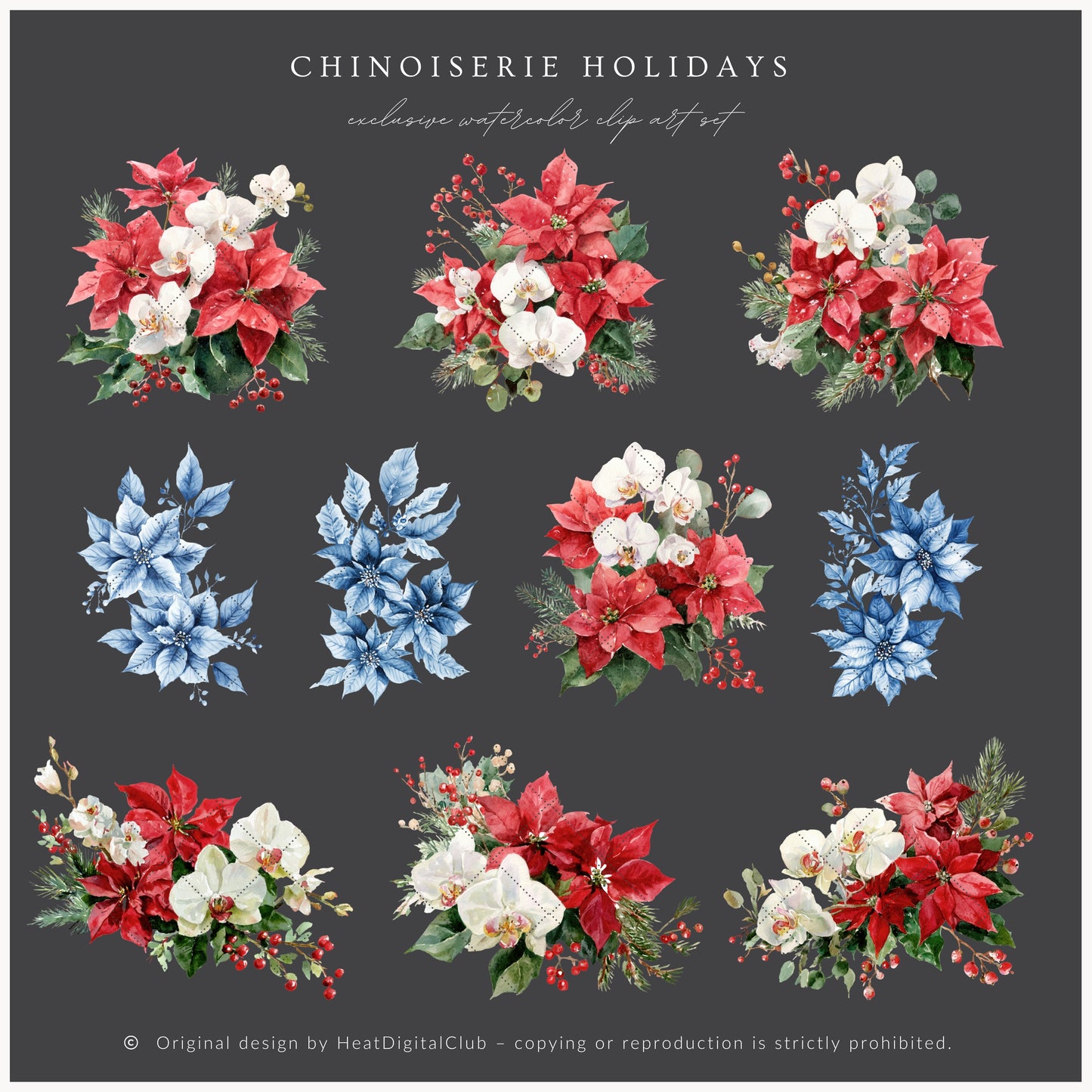 Chinoiserie Holidays - Floral Arrangements Clipart, Poinsettia, Holiday Bouquets | 20 PNG