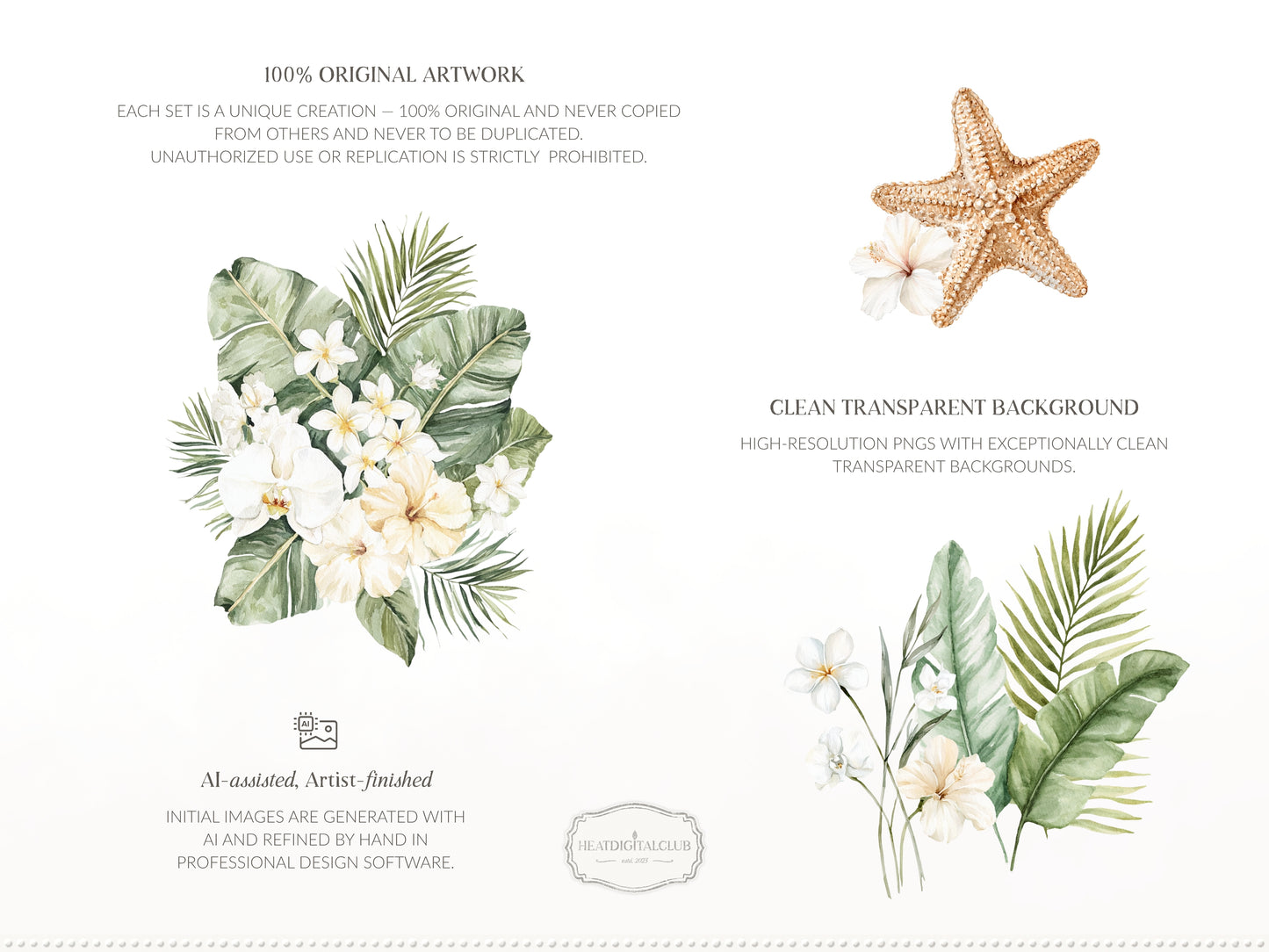 Coconut Dune - Tropical Floral Arrangements Clipart, Palm Leaves , White Beach Flowers | 20 PNG