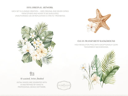 Coconut Dune - Tropical Floral Arrangements Clipart, Palm Leaves , White Beach Flowers | 20 PNG