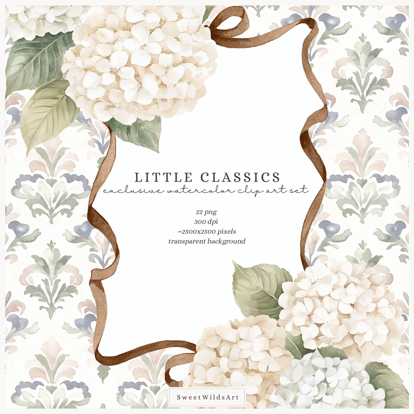 Little Classics - Watercolor Floral Arrangements, Chinoiserie, Beige Hydrangeas | 22 PNG