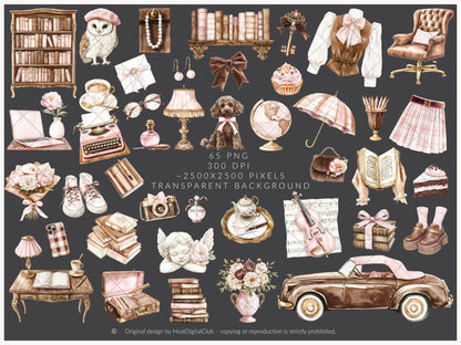 Blush Academia - Light Academia, Study Girls Clipart, Books, Bookworm | 65 PNG