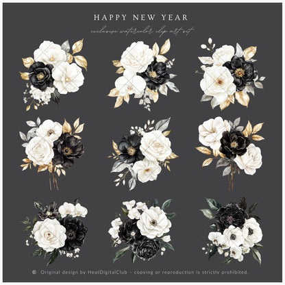 Happy New Year - Floral Arrangements Clipart, Black White Gold, Holiday Bouquet | 20 PNG