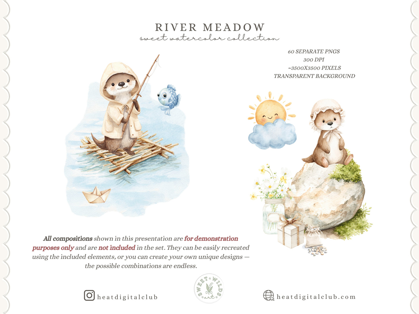 River Meadow - Otter Clipart, Cute River Animals, Baby Otter, Woodland Nursery, Spring Summer | 60 PNG