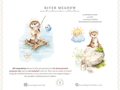 River Meadow - Otter Clipart, Cute River Animals, Baby Otter, Woodland Nursery, Spring Summer | 60 PNG