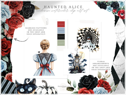 Haunted Alice - Halloween Clipart, Gothic Wonderland, Cheshire Cat, Flamingos | 60 PNG
