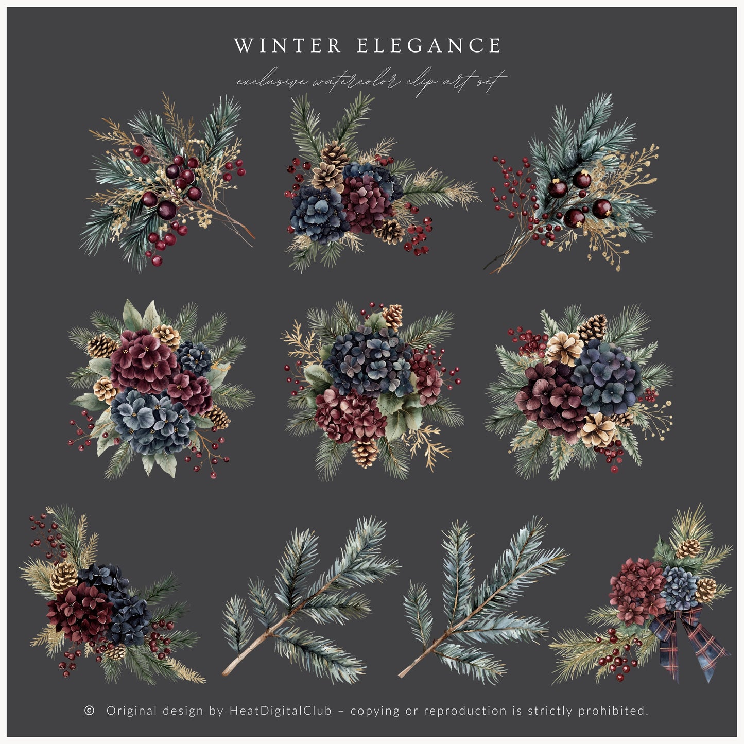 Winter Elegance - Watercolor Floral Arrangements, Christmas Hydrangea | 23 PNG