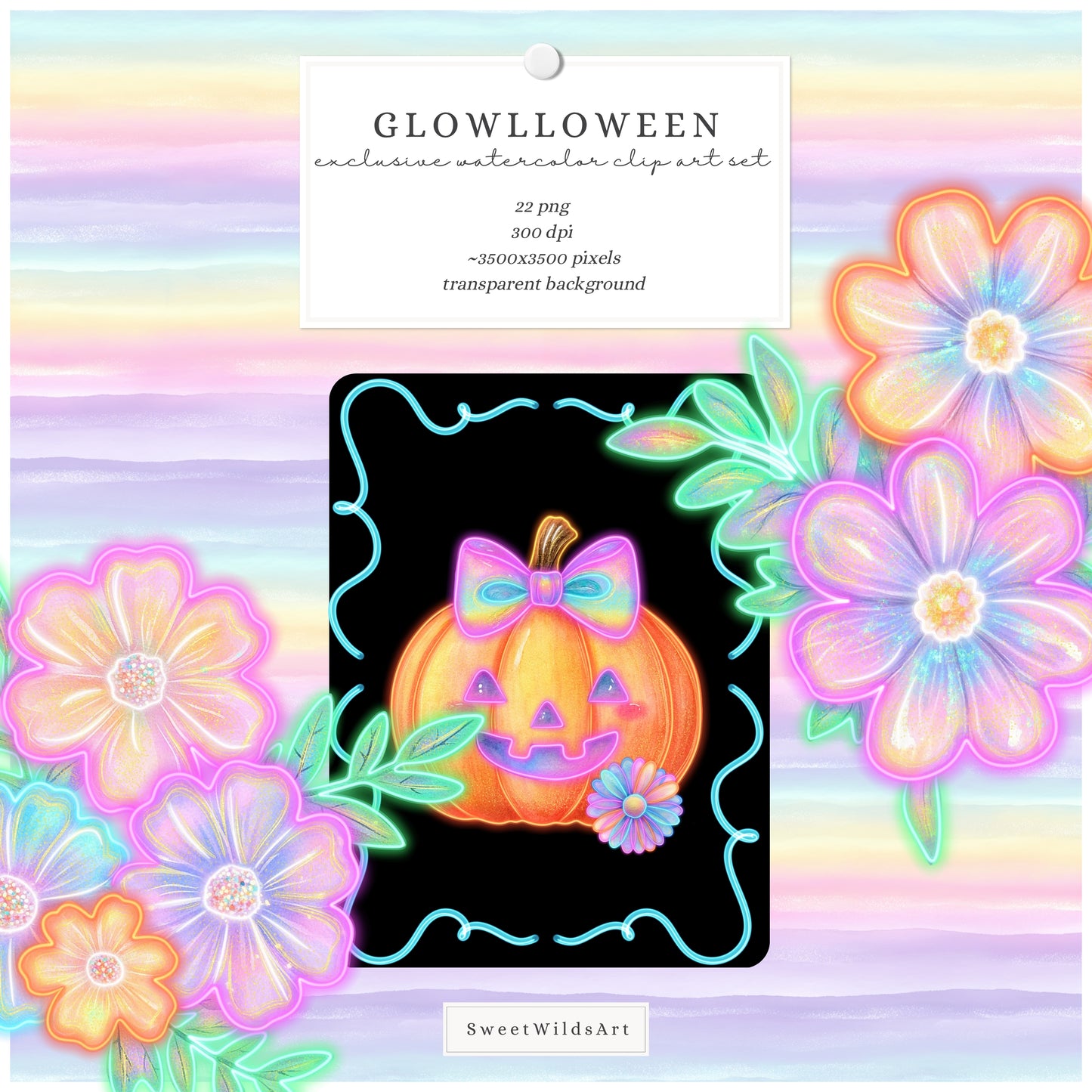 Glowlloween - Neon Halloween Floral Arrangements, Glowing Pumpkin, Flowers | 22 PNG
