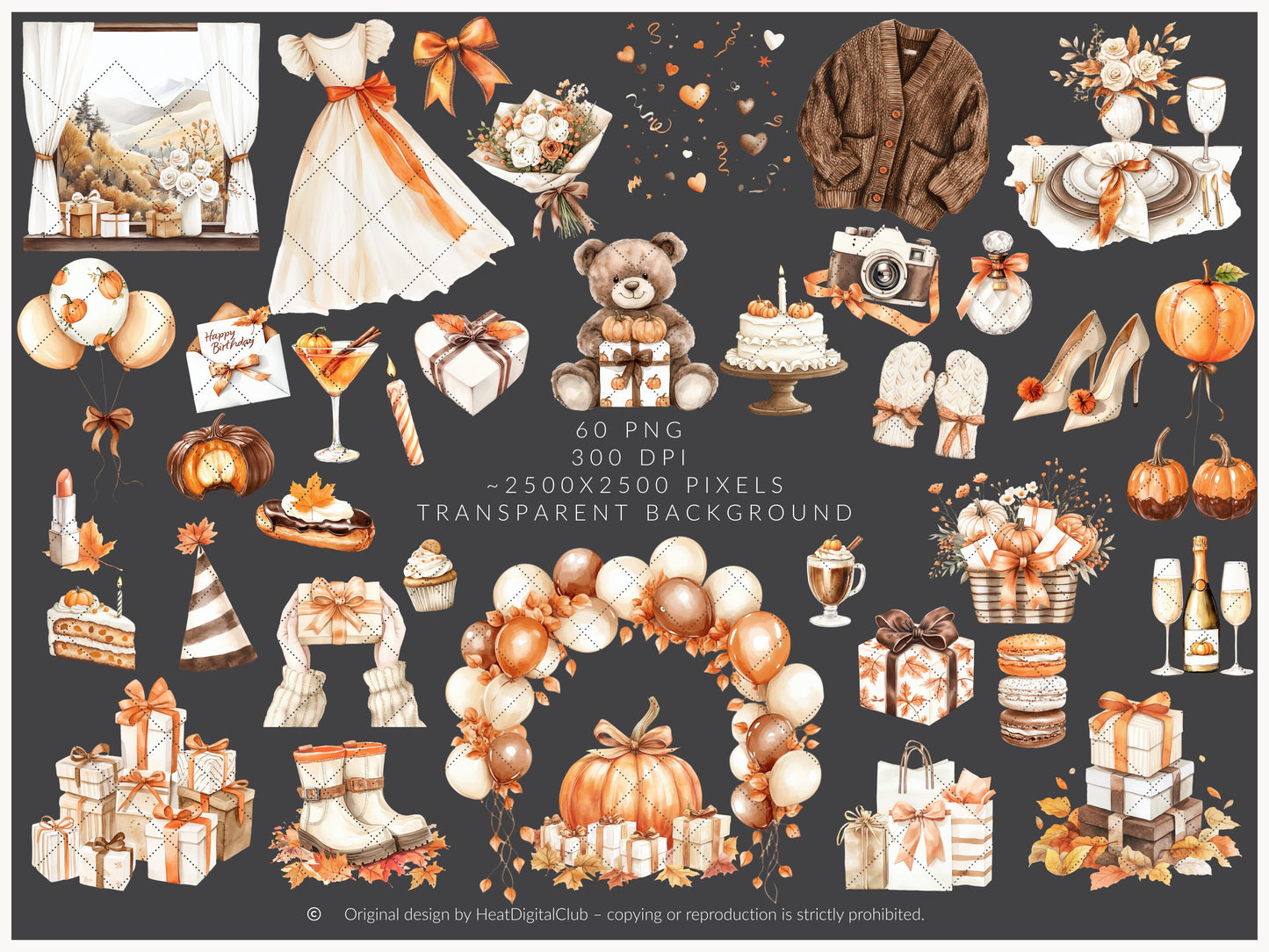 Born In Fall - Birthday Girl Clipart, Autumn Balloons, Cakes and Gifts, Party | 60 PNG