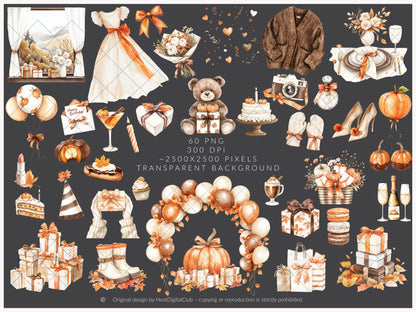 Born In Fall - Birthday Girl Clipart, Autumn Balloons, Cakes and Gifts, Party | 60 PNG