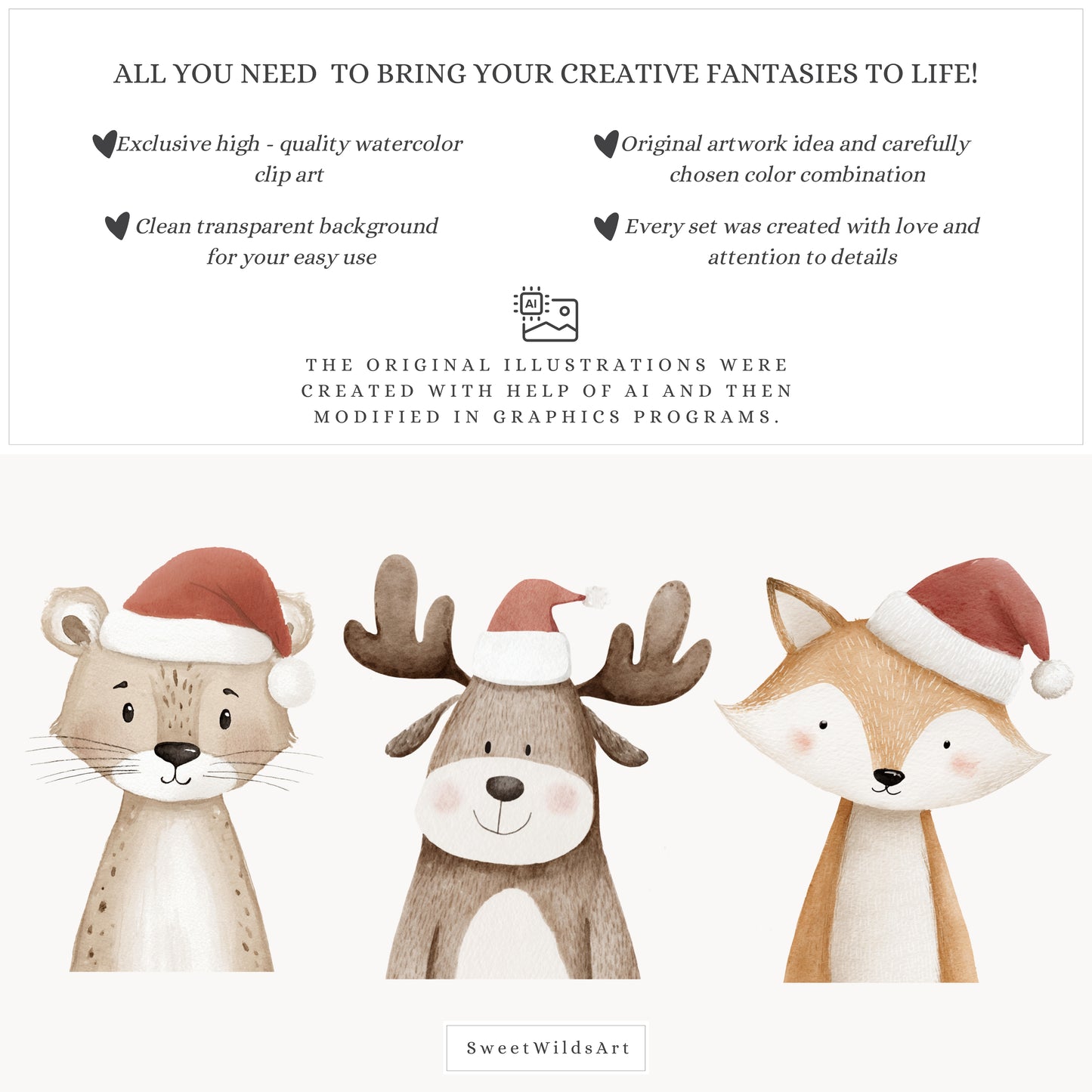 Christmas Portraits - Cute Animals, Baby Shower, Winter Nursery | 26 PNG