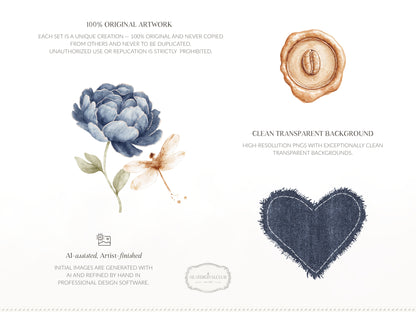 Coffee & Denim - Floral Arrangements Clipart, Blue Ivory Flowers, Coffee Aesthetic,  Botanical | 21 PNG