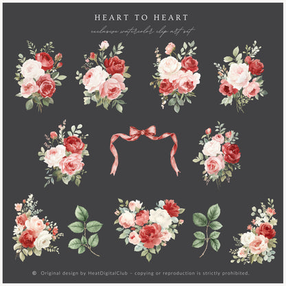 Heart to Heart - Valentine's Day Floral Arrangements Clipart, Valentine Roses, Romantic | 25 PNG