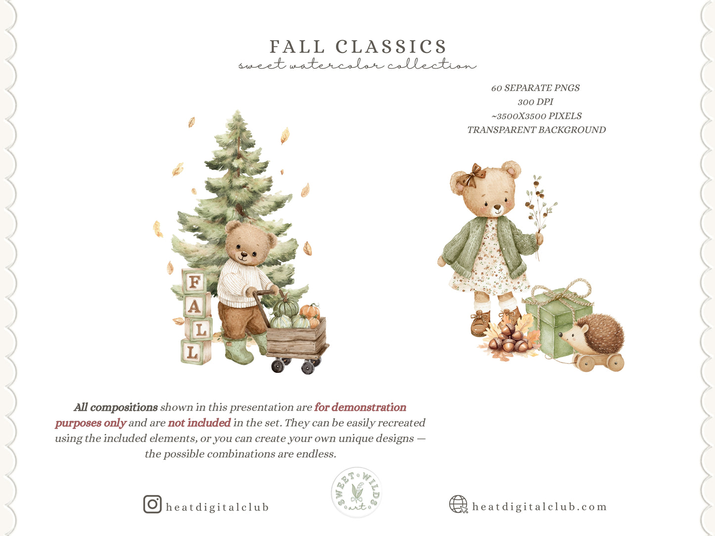 Fall Classics - Teddy Bears Clipart, Autumn Kids Animals, Goose, Fox, Pumpkins, Cozy Nursery | 60 PNG