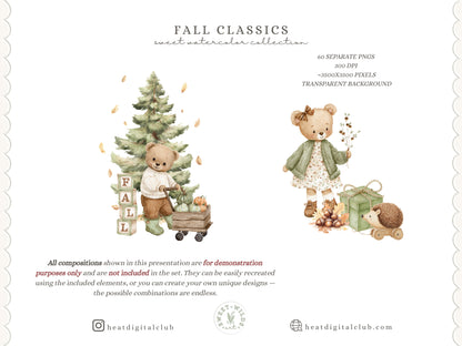 Fall Classics - Teddy Bears Clipart, Autumn Kids Animals, Goose, Fox, Pumpkins, Cozy Nursery | 60 PNG