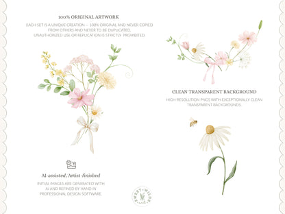 Sweet Wilds - Wildflowers Clipart, Meadow Flowers, Coquette Floral, Pink Ivory Flowers, Baby Shower | 70 PNG/JPEG