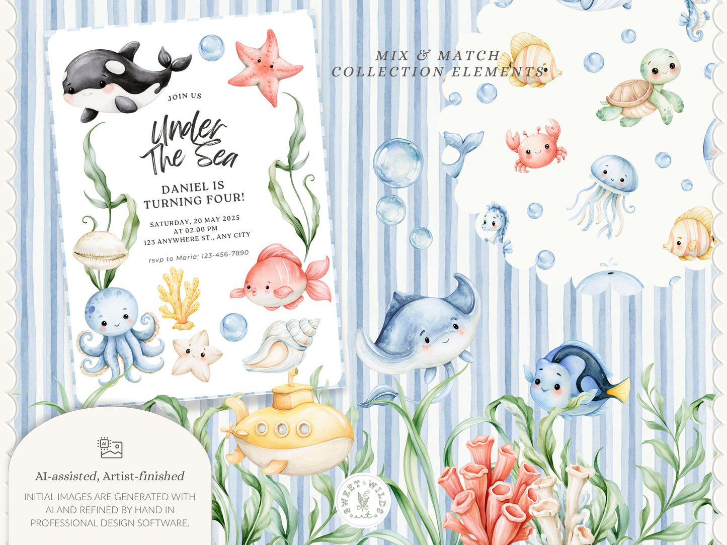 Seaside Friends - Watercolor Sea Animals Clipart, Underwater Animals, Nursery, Cute Baby Animals, Baby Shower  | 71 PNG/JPEG