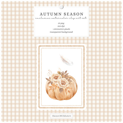 Autumn Season - Floral Arrangements, Fall Bouquets, Beige, Rustic Pumpkins | 25 PNG